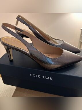 Cole Haan Vandam Silver Crocodile Slingback Heel Size 7 NWT